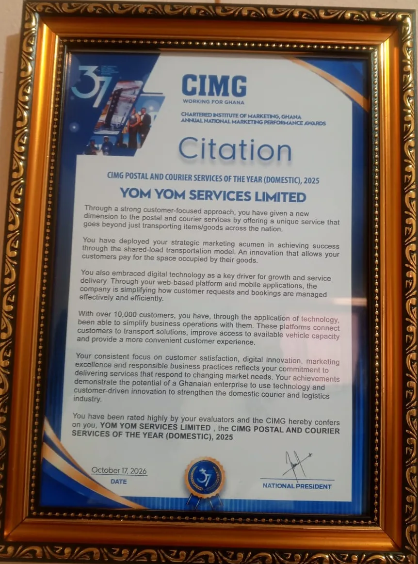 CIMG citation for YomYom Services Limited, Postal and Courier Services of the Year (Domestic), 2025